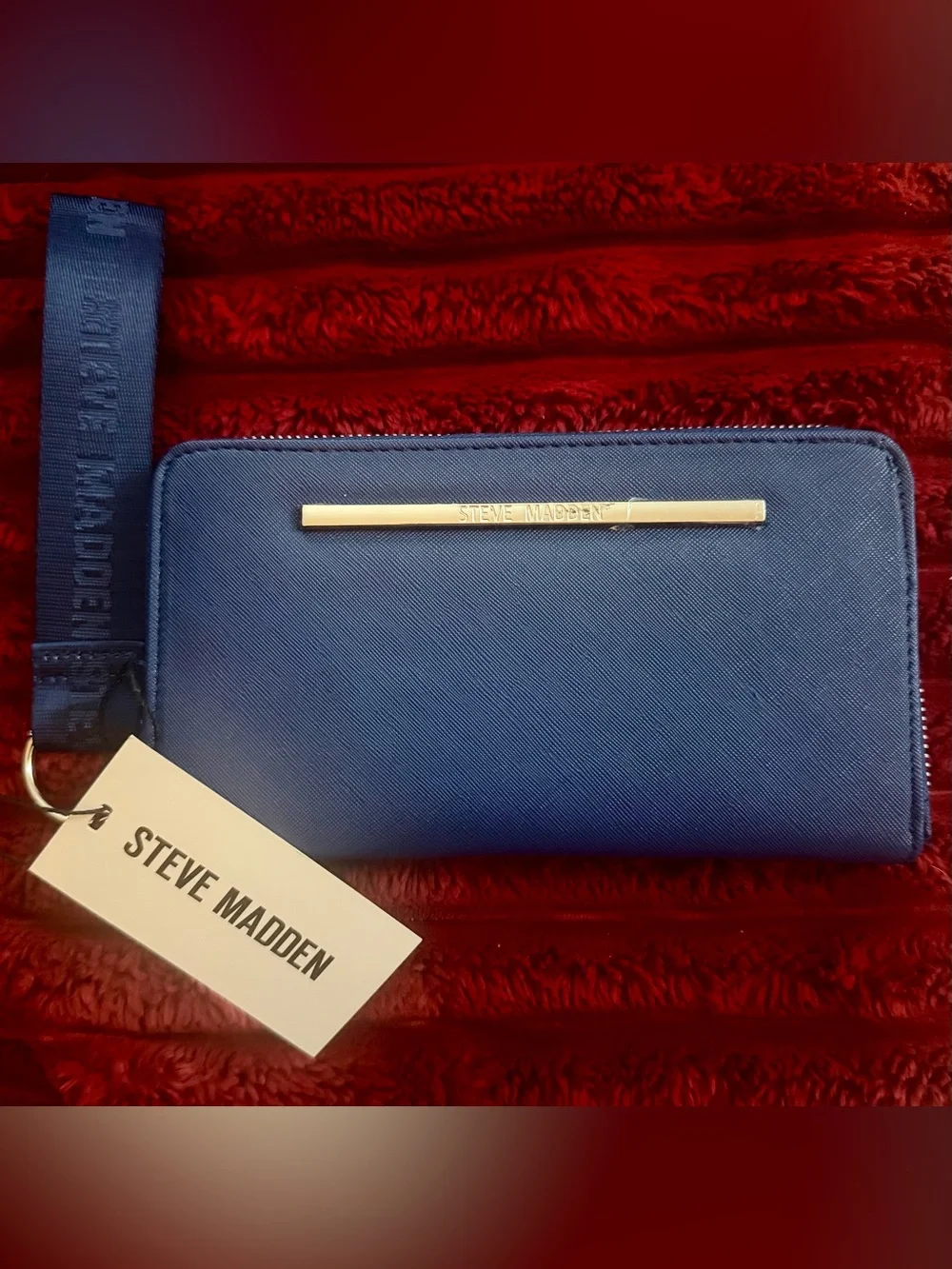 Steve Madden Galaxy Blue Zip-Around Wallet with Gold Bar